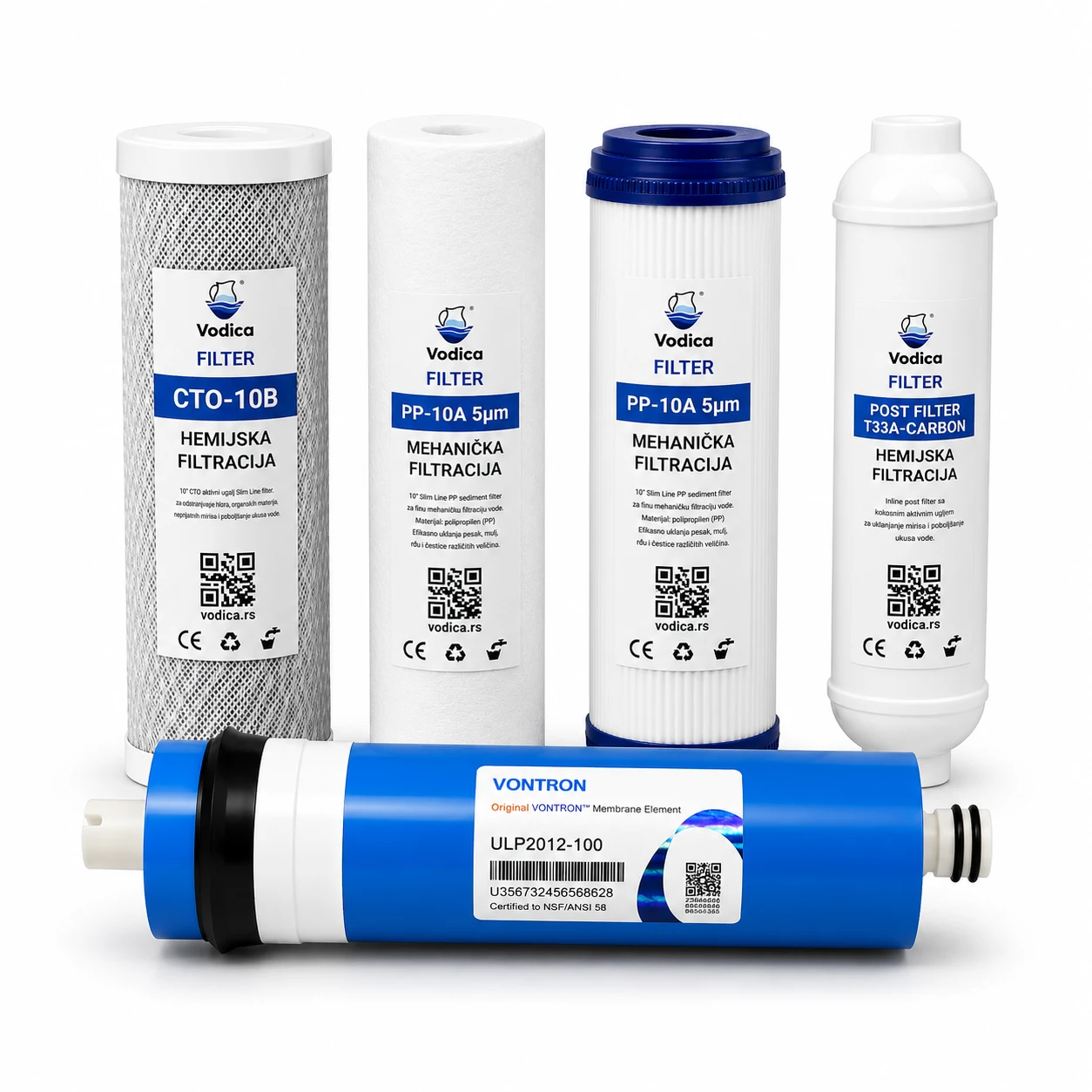 Komplet Veliki RO100 za sistem reverzne osmoze – PP 5 µm, UDF, CTO, Post filter i RO100 membrana Vodica